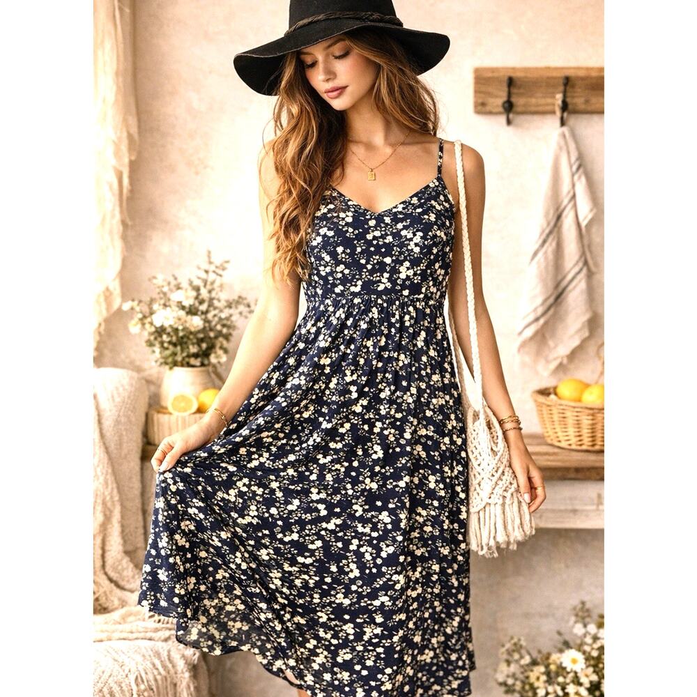 Floral Midi Dress Cottagecore Soft Girl Blue Sundress Flowy Prairie